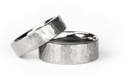 Custom "Cornell" Hammered Titanium Wedding Bands White Background