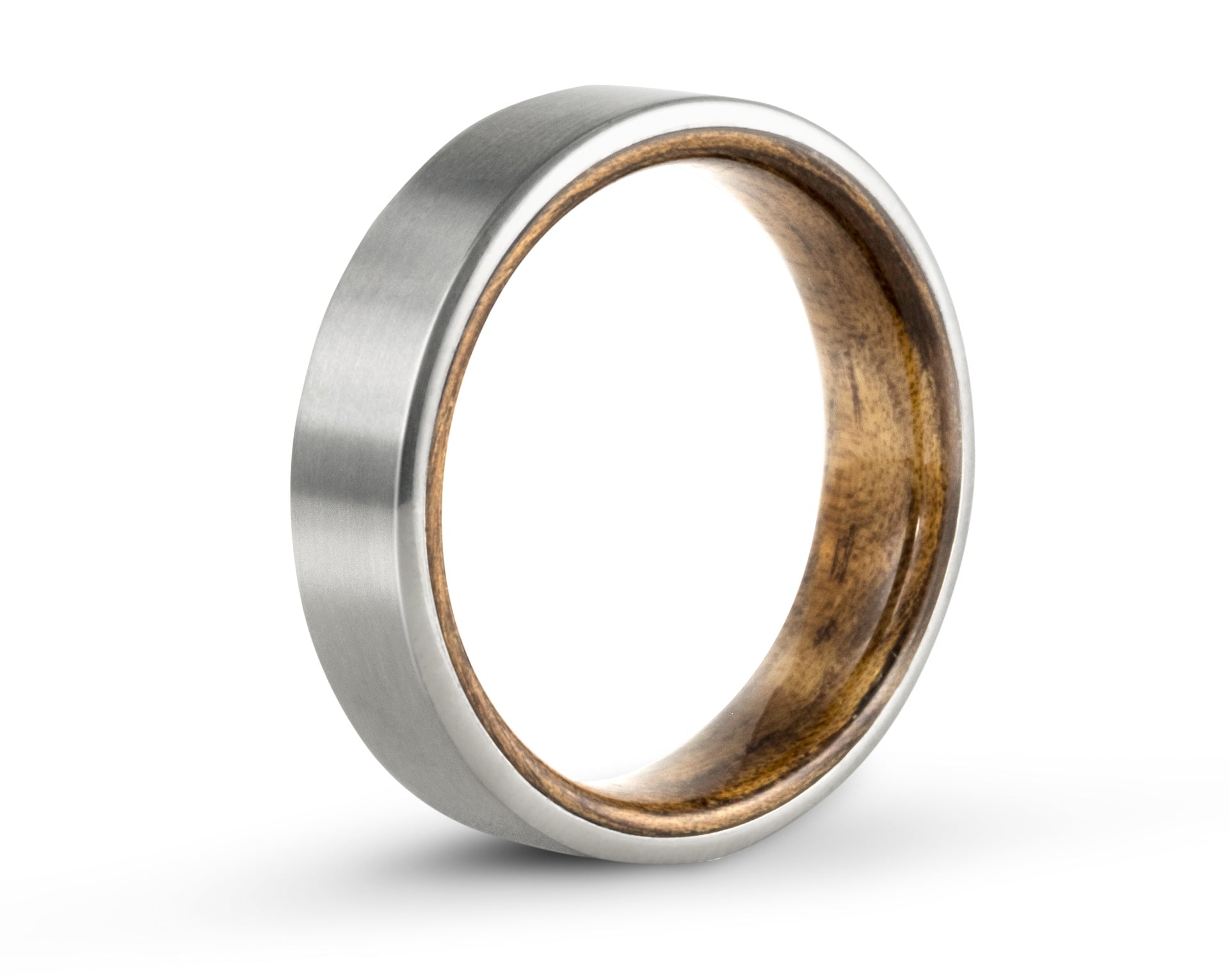 Custom "Guthrie" Brushed Titanium Wedding Band With Bentwood Interior