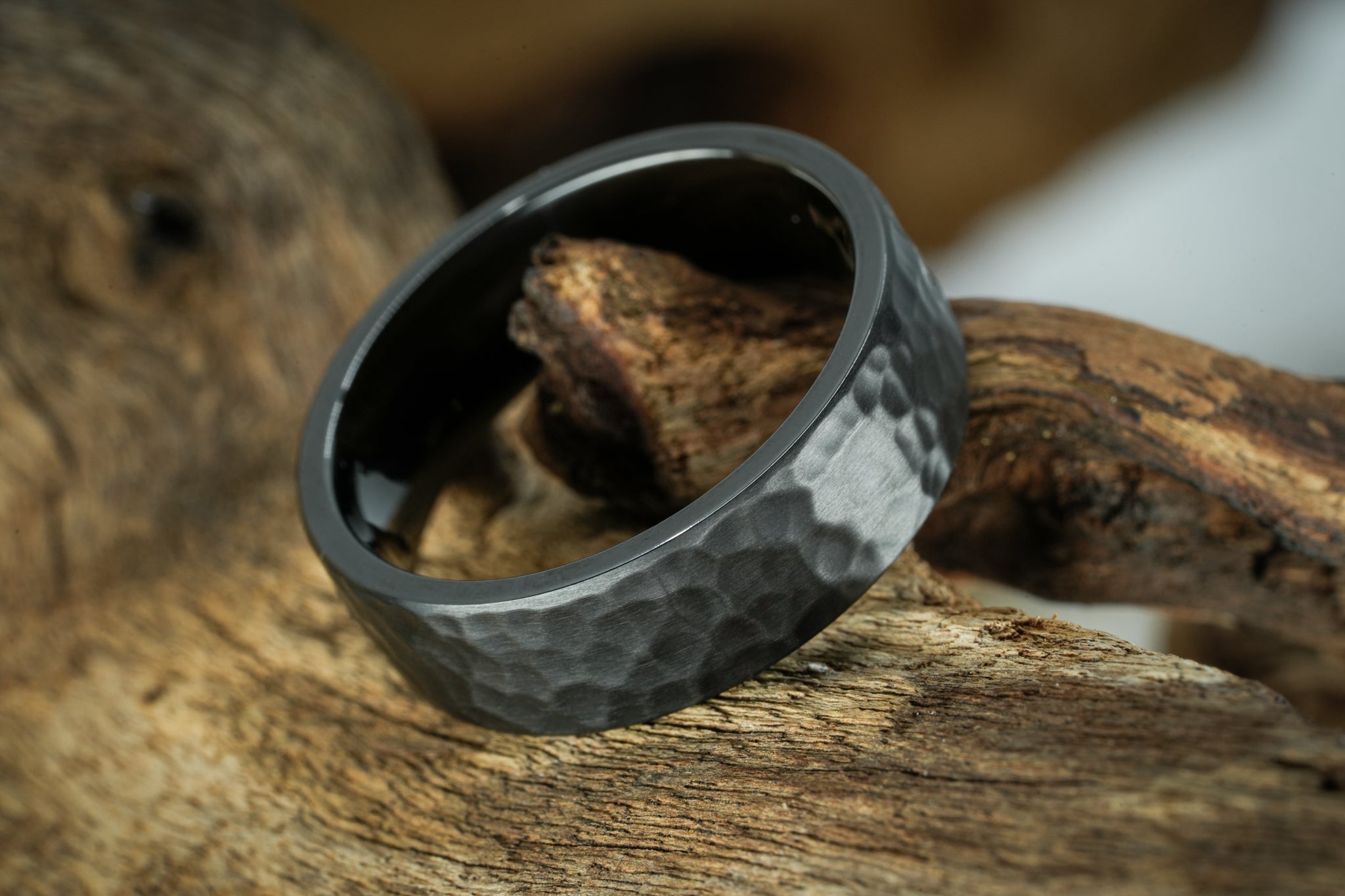 Hammered black on sale zirconium ring